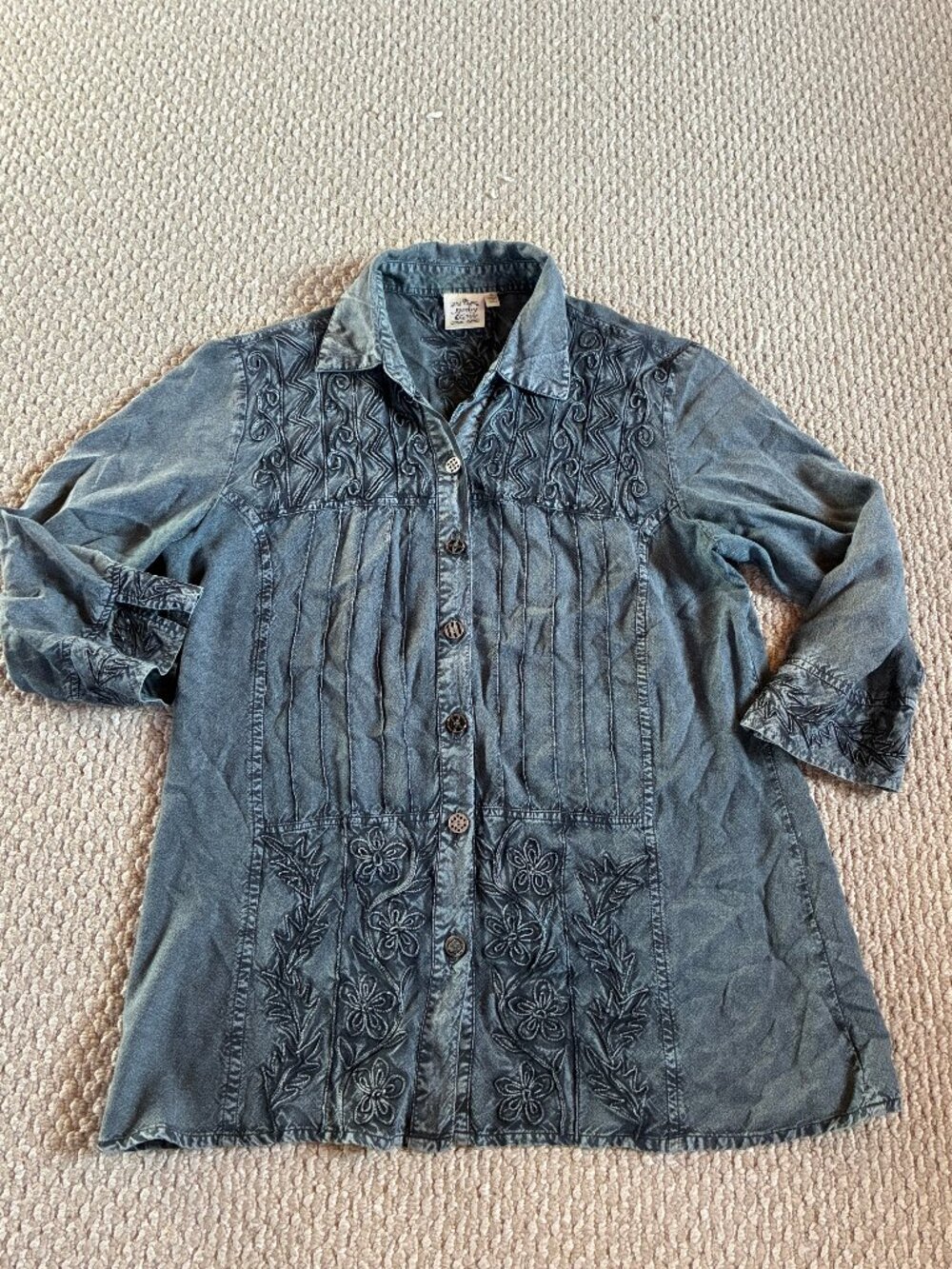 Paisley & Sage S Blue Button Up 3/4 Sleeve Blouse Embriodered Boho GrandmaCore